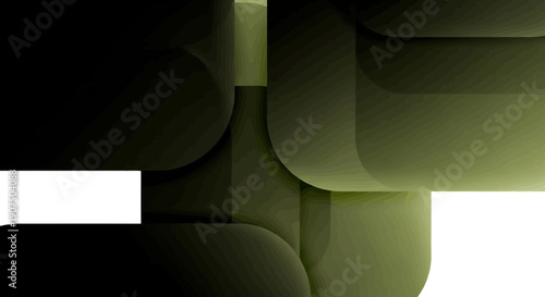 Abstract geometric composition with rounded rectangles and gradient shading in dark green and black tones.