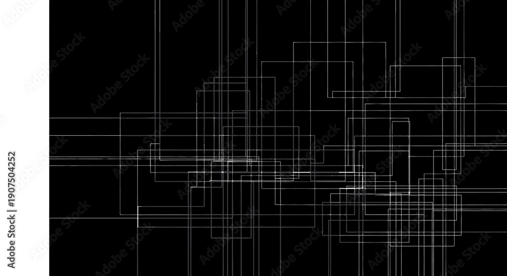 Obraz premium Abstract geometric composition with overlapping white squares and lines on a black background, creating a sense of depth and complexity.