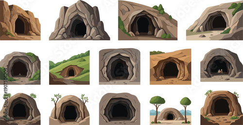 Cartoon cave entrance collection, rocky underground tunnels, mountain and desert caves, fantasy game background illustrations, isolated vector assets
