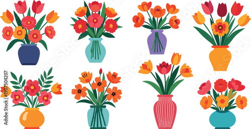 Colorful flower bouquets in glass vases illustration set with tulips and carnations, spring floral arrangement, decorative botanical vector art