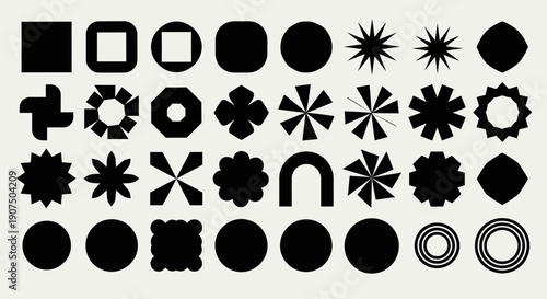 A collection of diverse geometric and abstract black shapes on a light background.