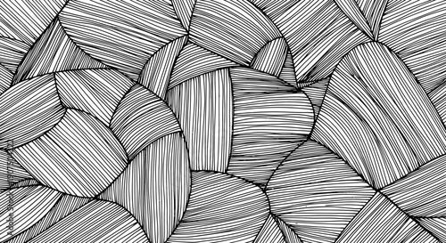 Abstract black and white line art pattern with organic shapes and textured fill.