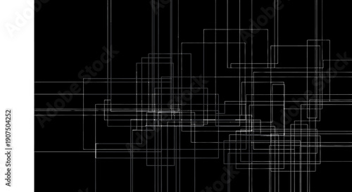 Abstract geometric composition with overlapping white squares and lines on a black background, creating a sense of depth and complexity.