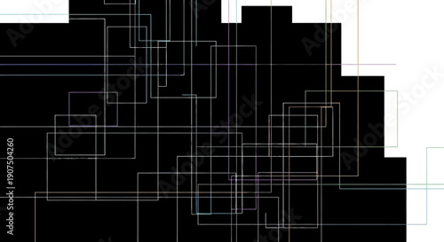 Abstract geometric pattern with intersecting lines and squares on a black background with white and colored accents.