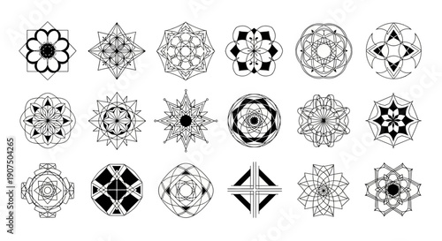 A collection of 21 intricate geometric mandala-like designs in black and white, arranged in three rows.
