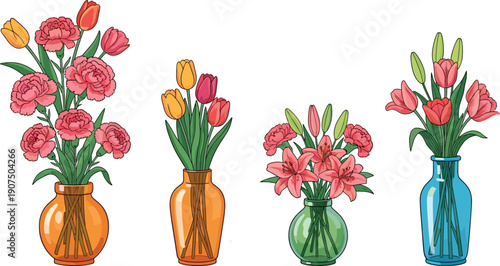 Colorful spring flower bouquets in glass vases illustration set with tulips and lilies, floral home decor, botanical cartoon vector art