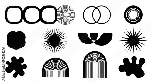 A collection of abstract geometric and organic shapes in black and white, suitable for graphic design elements.