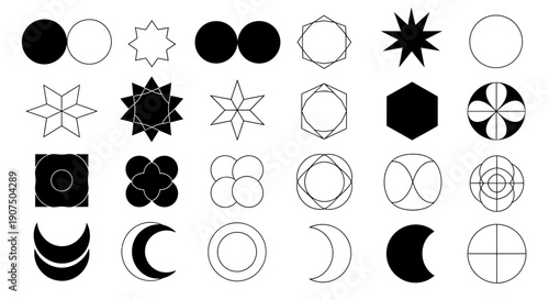 A collection of abstract geometric shapes and symbols, including circles, stars, moons, and polygons, presented in a grid layout.