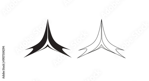 Two stylized abstract arrow-like shapes, one solid black and one outlined, against a white background.