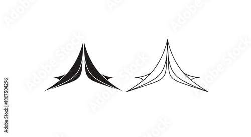 Two abstract graphic representations of a stylized tent or shelter structure.