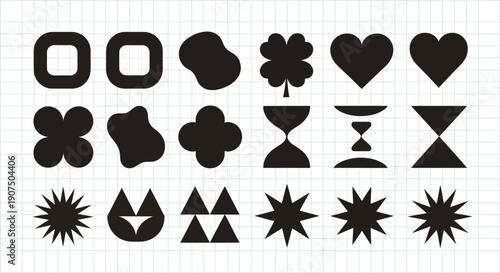 A collection of diverse abstract black shapes and symbols arranged in a grid on a white background.