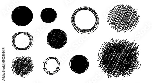 A collection of hand-drawn black circles and scribbled shapes on a white background.