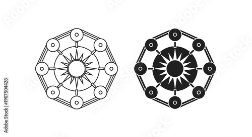Two stylized circular designs, one in black and white outline and the other in solid black, featuring a central sun-like motif surrounded by eight circular elements connected by lines.