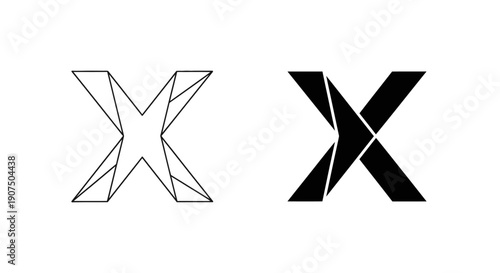 Two stylized letter X designs, one outlined with geometric shapes and the other a solid black version.