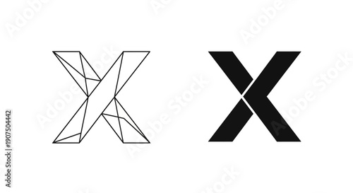 Two distinct artistic representations of the letter X, one a geometric wireframe and the other a solid black shape.