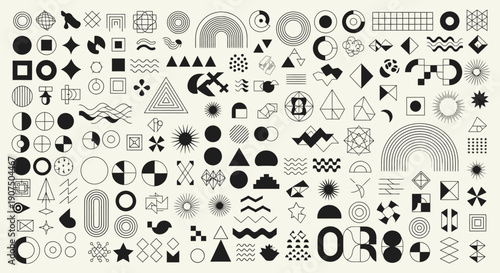A comprehensive collection of abstract geometric shapes and symbols in black and white, arranged in a grid.