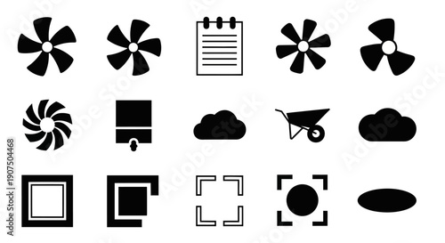 A collection of black and white vector icons representing various objects and concepts, including fans, clouds, and geometric shapes.