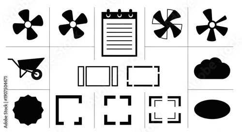 A collection of black and white vector icons representing various objects and concepts, including fans, a notepad, a wheelbarrow, frames, and shapes.