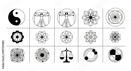 A collection of geometric and symbolic circular designs, including the Yin and Yang, Vitruvian Man, and various mandalas and abstract patterns.