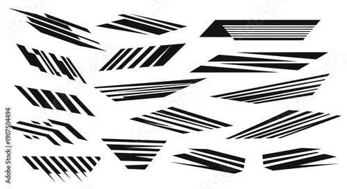 Collection of abstract racing stripe decals and graphic elements for vehicle customization.