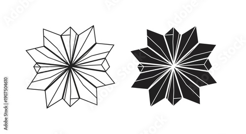 Two stylized starburst or snowflake-like geometric designs, one outlined and one filled in black.