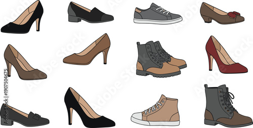 Twelve shoe illustrations in grid, heels, loafers, sneakers, and boots, diverse fashion footwear styles