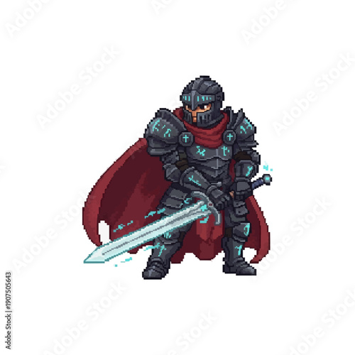 pixel art fantasy knight in heavy armor with glowing blue runes and a magical claymore sword.