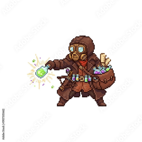 pixel art alchemist character wearing a gas mask throwing a glowing green chemical potion bottle.