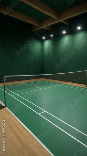 Empty Indoor Badminton Court with Green Sports Flooring, White Court Lines, Net, Wooden Floor Edges, and Modern Sports Hall Interior, Created Using Generative AI