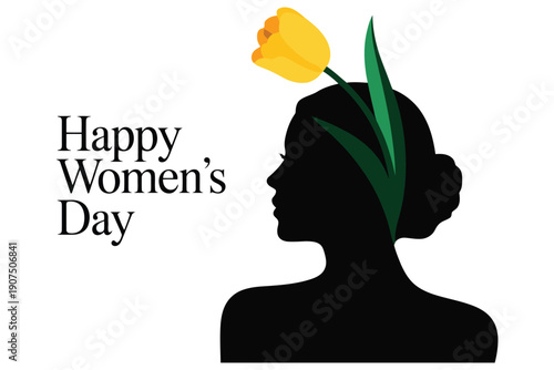 Silhouette of a woman with a yellow tulip for Happy Womens Day female profile