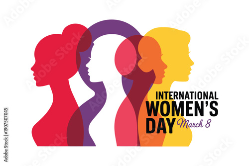 Silhouettes of women profiles in overlapping vibrant colors for International Womens Day March 8