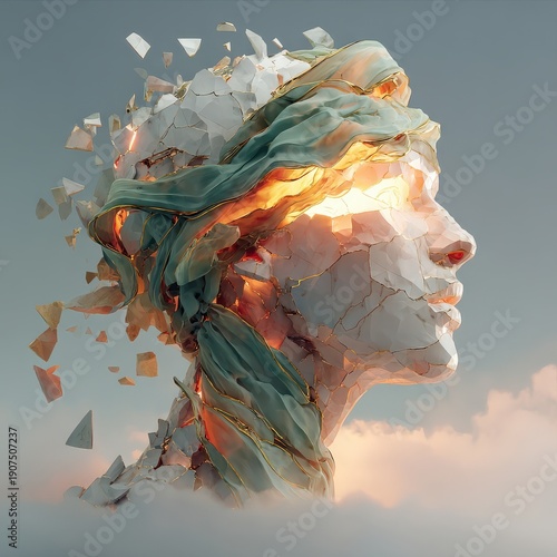 Surreal Sculpture of Fragmented Statue Head with Flowing Fabric and Radiant Light Emanating Amidst the Clouds in Whimsical Atmosphere