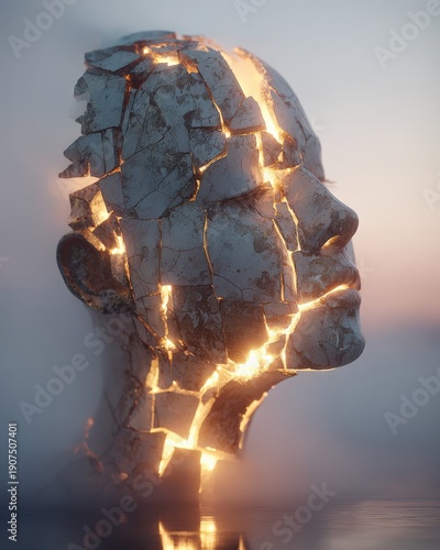 Surreal Cracked Stone Human Head Sculpture with Glowing Interior Illuminated by Soft Ambient Light at Dusk Capturing Serenity and Mystery