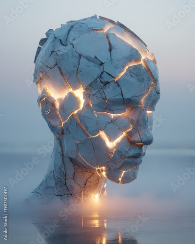 Surreal Sculpture of Cracked Human Head Illuminated from Within Amidst Fog and Soft Pastel Colors in Dreamlike Setting of Tranquility and Mystery