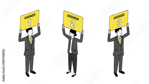 アンサーの看板を持つ若いビジネスパーソン、3Dイラスト、ベクター