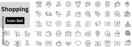 Line art vector of Shopping icon set. Line icons of shopping, banking, e-commerce, shop, sale, wallet, price tag, delivery and more. Outline icons set. 