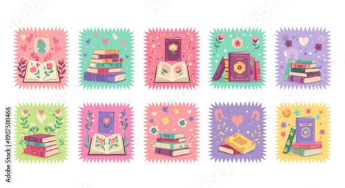 Collection of colorful illustrated books and stationery items