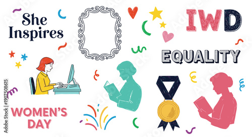 International womens day celebration with diverse women and symbols