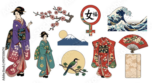 Collection of traditional japanese kimonos and accessories with fans