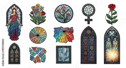 Collection of stained glass windows and religious symbols artwork