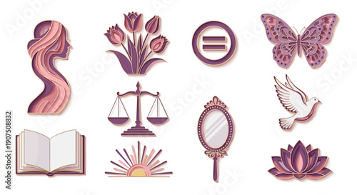 Collection of feminine symbols and objects representing beauty and balance