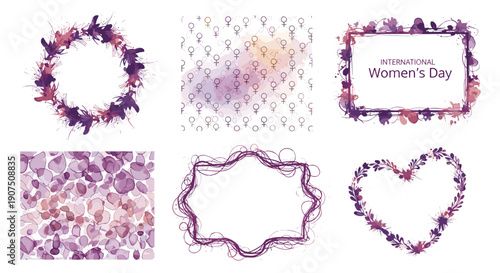 Set of six decorative purple floral and heart frames for design