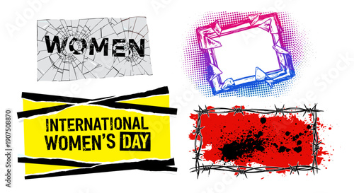 Collage of protest signs and banners celebrating international womens day