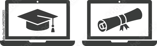 Online Education and Graduation: Laptop with Mortarboard and Diploma Icons for E-Learning