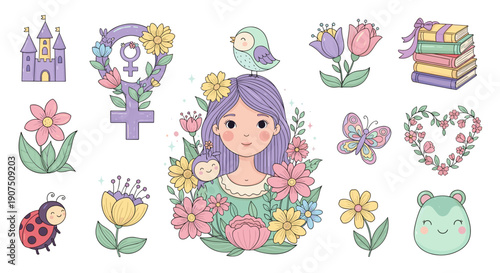 Cute girl with purple hair surrounded by flowers and animals