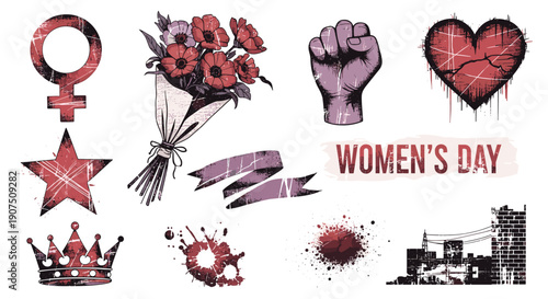 Collection of feminist symbols and icons for womens day celebration