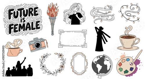 Collection of female empowerment symbols and artistic elements