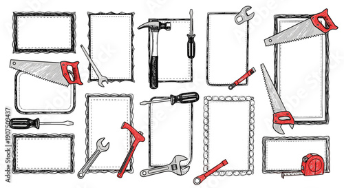 Collection of various hand tools including saws hammers and wrenches