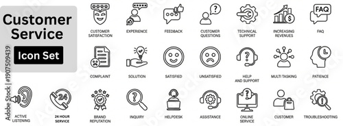 Line art vector of Customer Service icon set. Icons of Call center service, telecommunication, tech support, hotline, voice chat, online help and customer service tools. Outline icons set. 