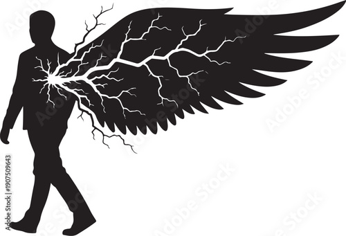 Silhouette of man with damaged wing and lightning strike